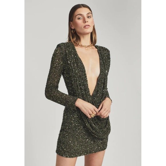 retrofete Yael Dres Olive Green Mini Sequin Deep V Party - Picture 2 of 11